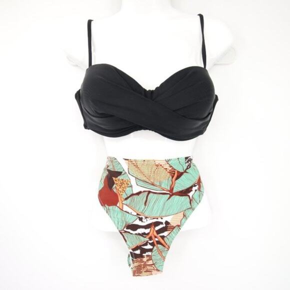 NWT Cupshe Bikini Black Wrap Style Pattern Tropical Leaf Size Large - Picture 1 of 7